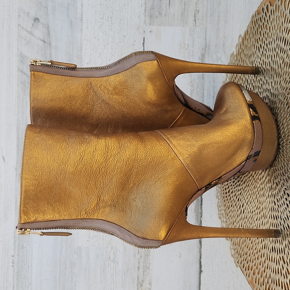 BRIAN ATWOOD FUVEAU MID-CALF GOLD METALLIC LEATHER STILLETO PLATFORM BOOTS